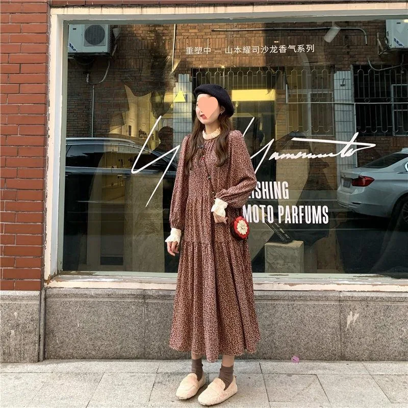 Vestido floral com mangas compridas outono inverno novo retro francês primeira vez viagem laranja talo saia solta camada interna base