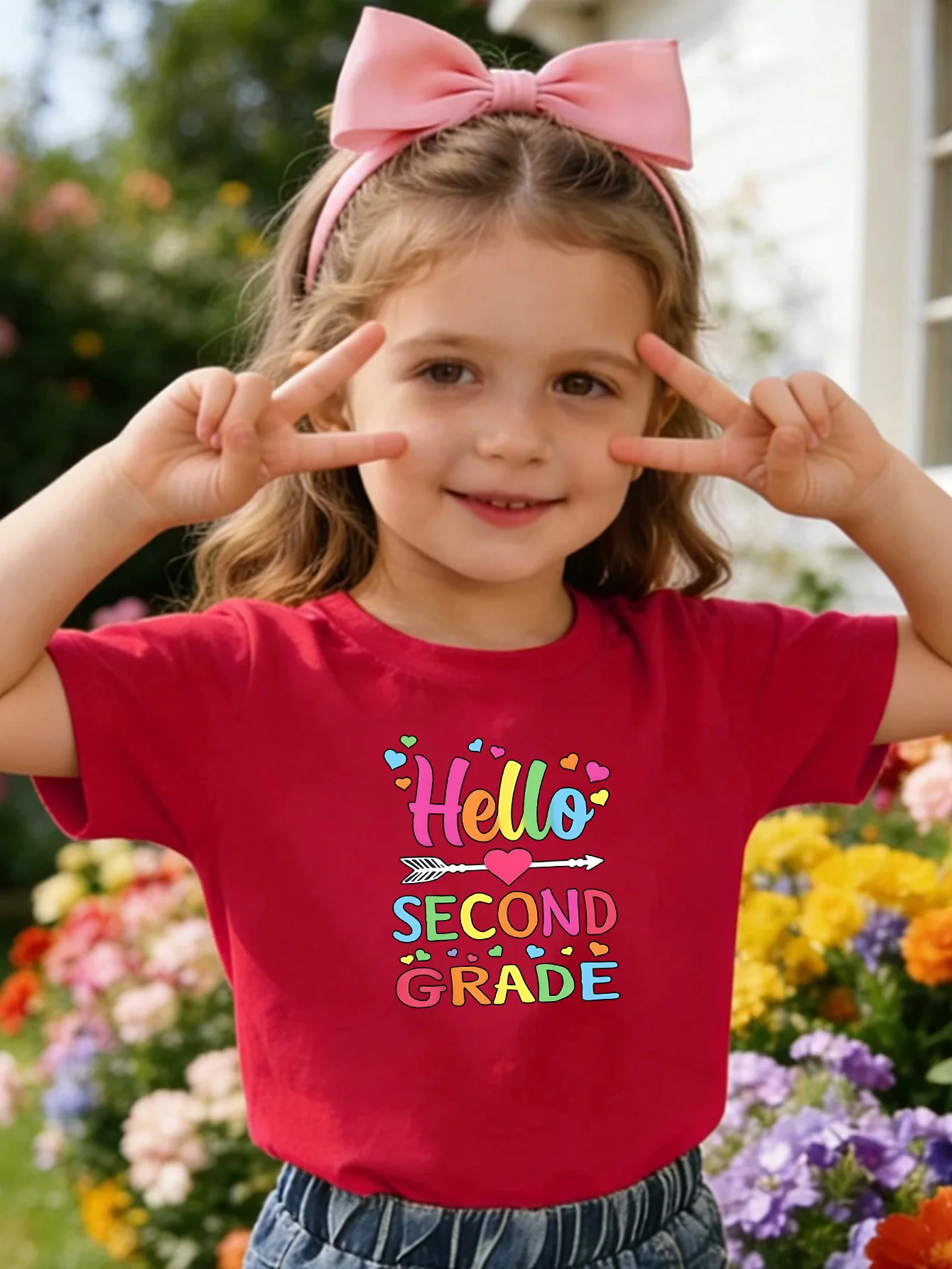 Cheerful Hello Second Grade Letter Kids Tee Boys Girls Family Matching Cotton Crew Neck Short Sleeve Soft Casual Summer Tee