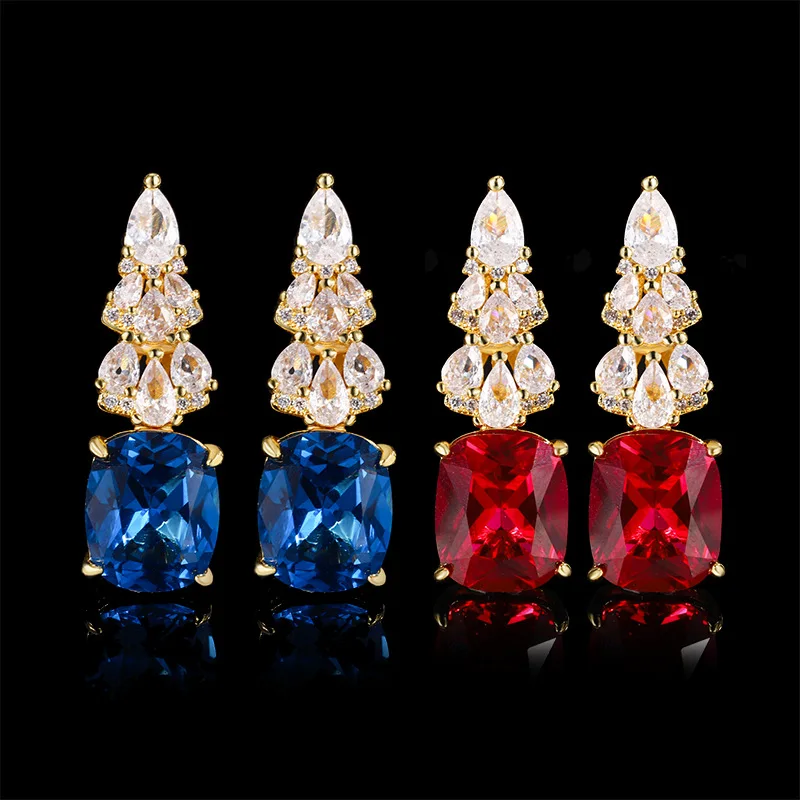 New jewelry with copper base, gold-plated, red corundum and blue spinel gold earrings 10*12 for women
