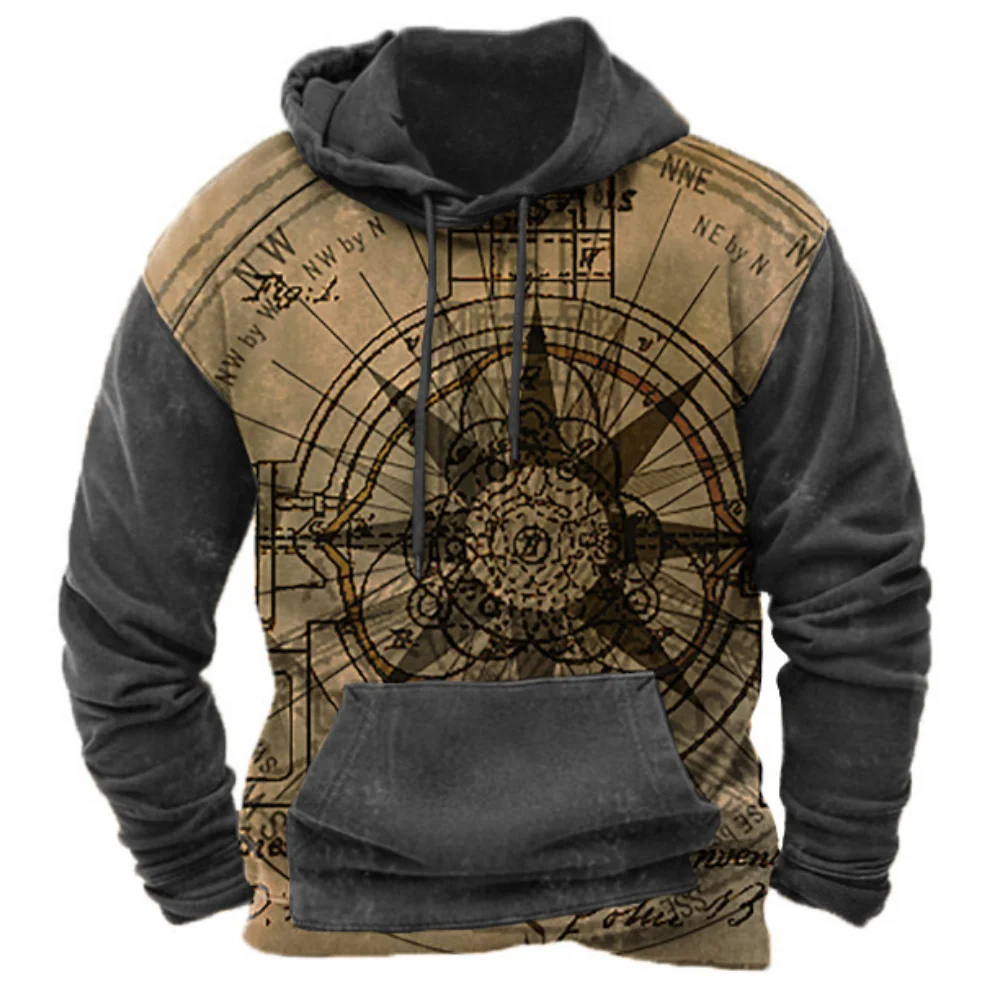 Men's Vintage Compass 3D Printing Y2k Hoodie Harajuku Tops Hooded Sweatshirt Winter Oversized Casual Clothes Streetwear Fashion