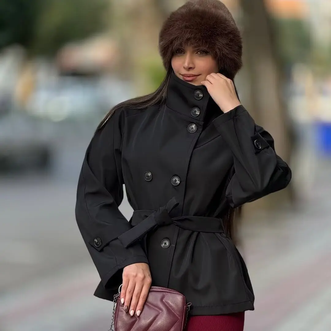 Faionable Women's Autumn Winter Coat Double Row Button Belted ZR Sle Versatile ort Outerwear Polyester Fiber Warmth