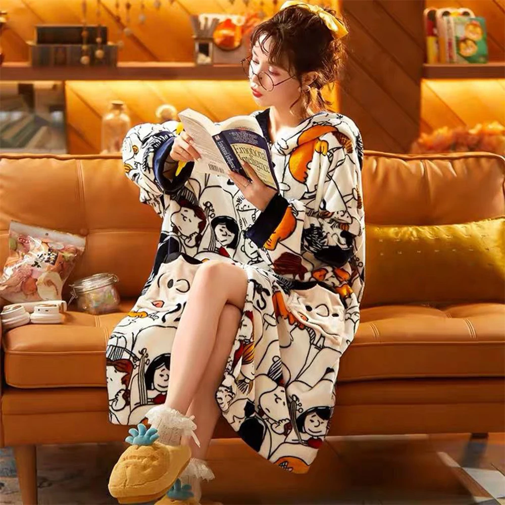Winter Fleece Hooded Bath Robe Peanuts Snoopy All Over Cartoon Character Print Long Sleeve Oversized Loose Housecoat Loungewear