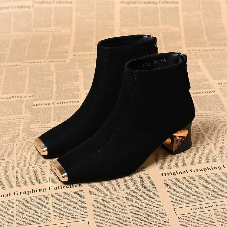 2025 New Women's Retro Square Toe Suede Ankle Boots - Metal Toe Back Zipper Chunky Heel Boots Design Autumn Winter