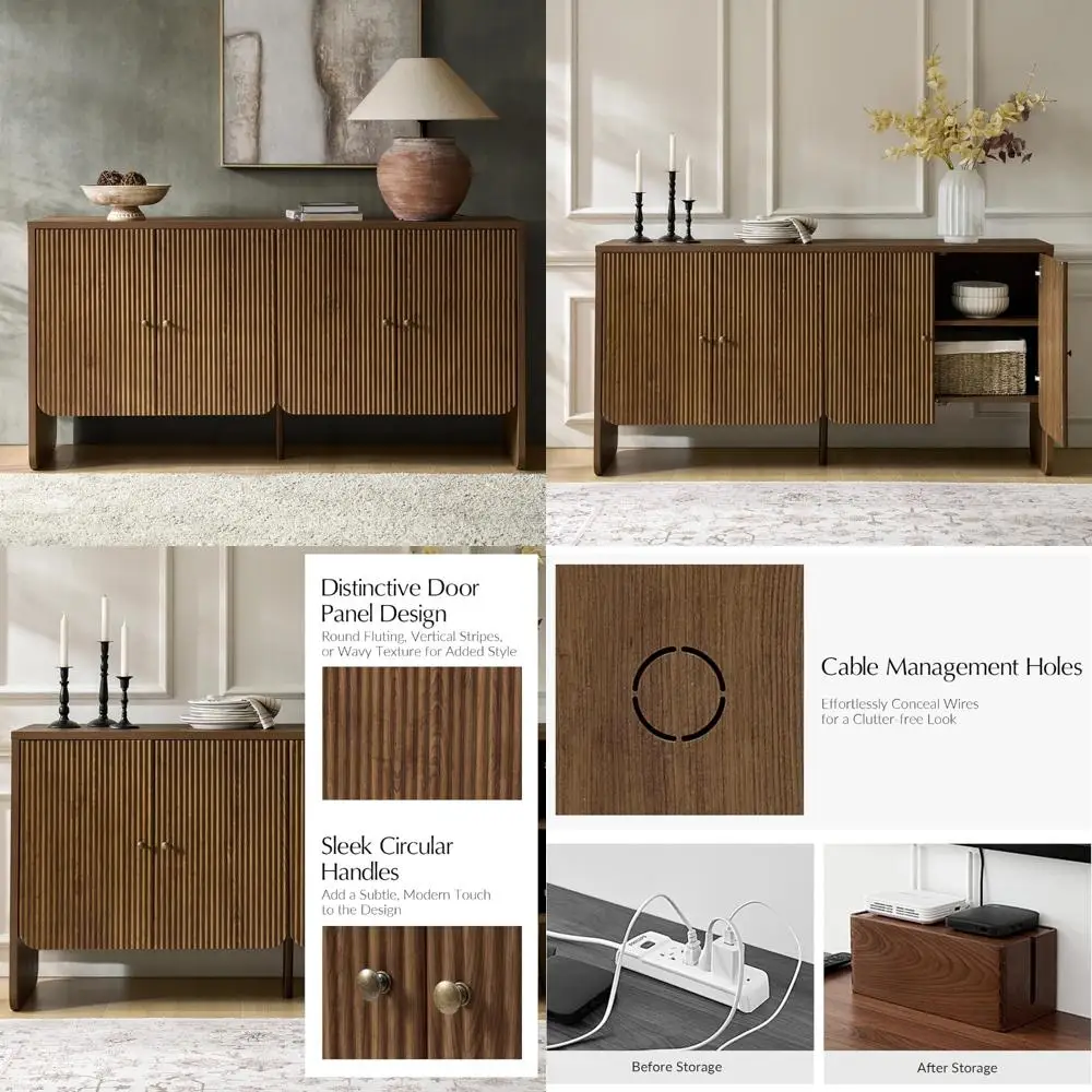 

Wide 63-inch Fluted Sideboard Buffet Cabinet with Solid Wood, Modern Storage, 4 Adjustable Shelves & Doors, Multifunctional