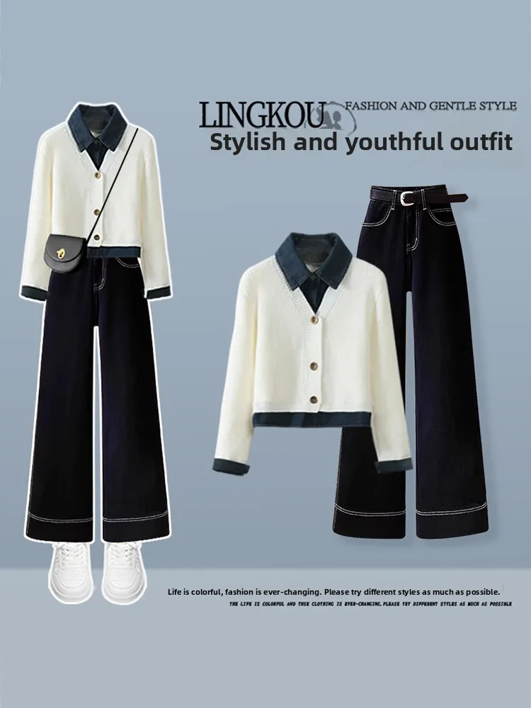 

High Waist Slimming Denim Two-Piece Set Women's Design Sensation Age-Defng Knitwear Casual Faion Autumn Collection