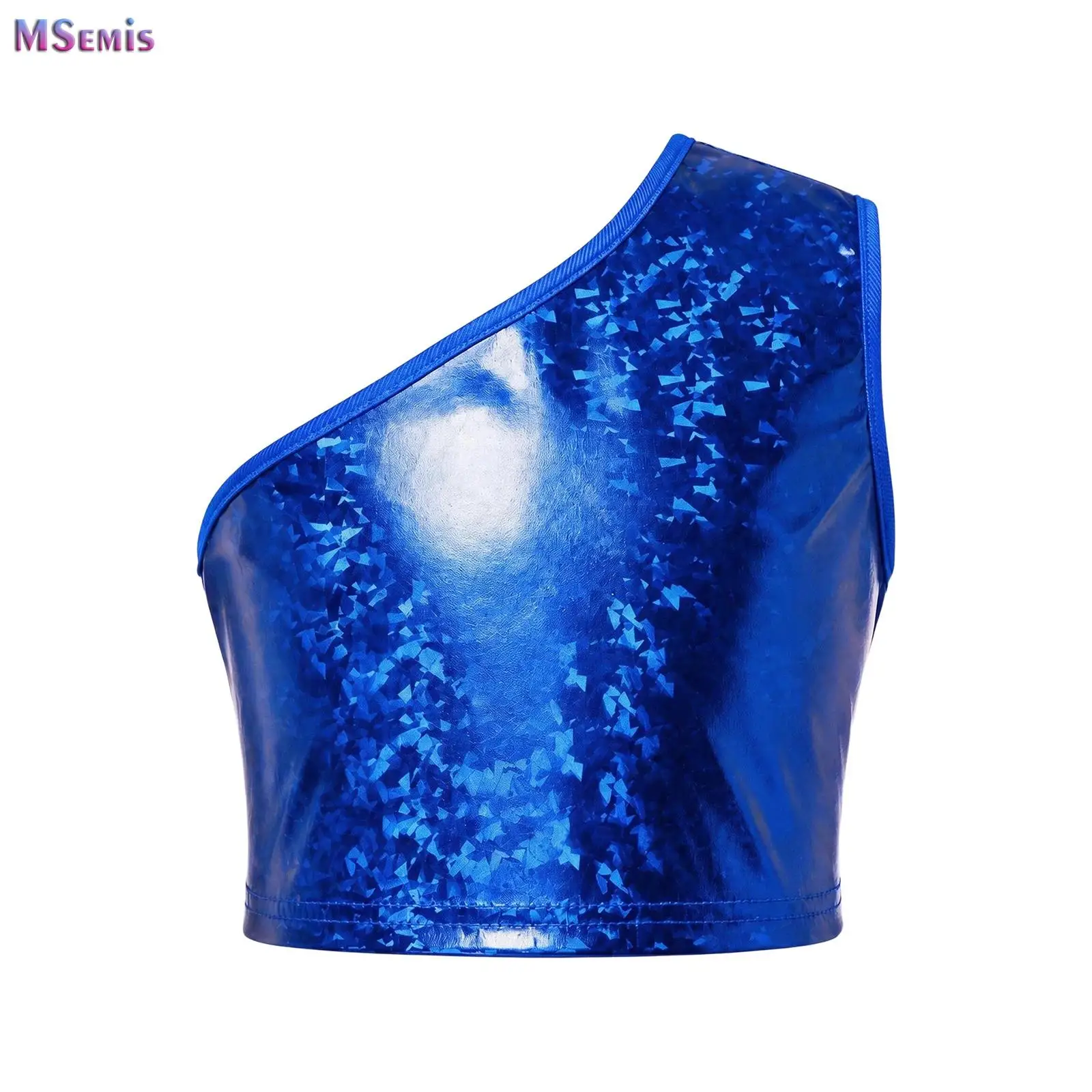 Kids Girls Tank Top Vest One-shoulder Metallic Sleeveless Crop Tops for Hip Hop Jazz Dance Stage Performance Costume Streetwear