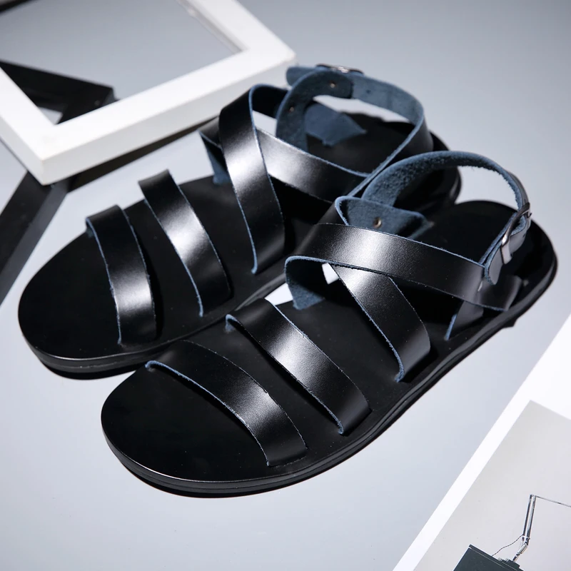 Genuine Leather Men's Sandals Flat Open Toe Rome Style Mens Sandalias 2024 New Summer Breathable Beach Gladiator Sandals For Men