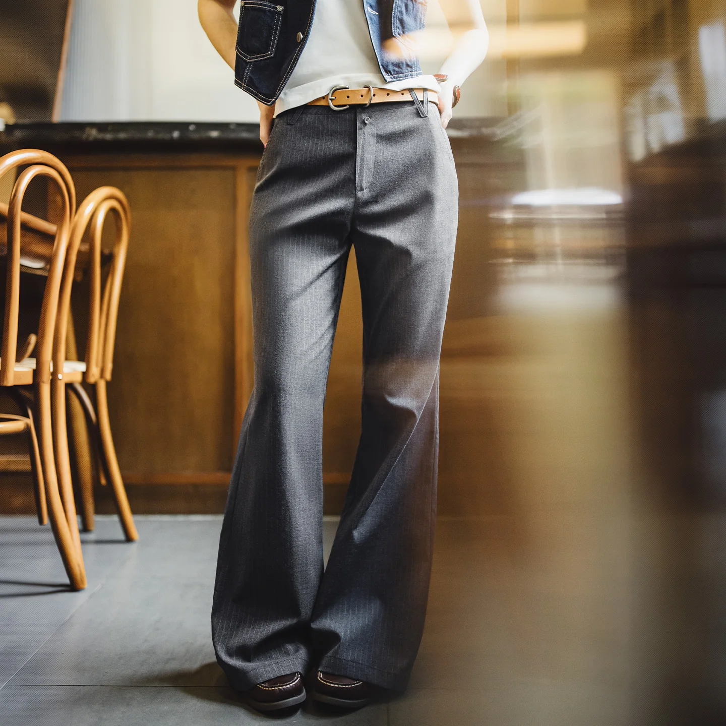 Maden Women's Retro Old Money Style Flared Pants Grey Striped Thin Draped Texture Formal Business Casual Summer Female Trousers