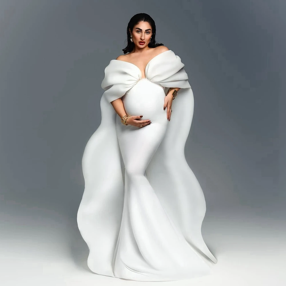 Fora do ombro babados vestido de maternidade moderno em camadas drapeado longo eventos formais vestido para fotografia bonito sereia vestidos de gravidez