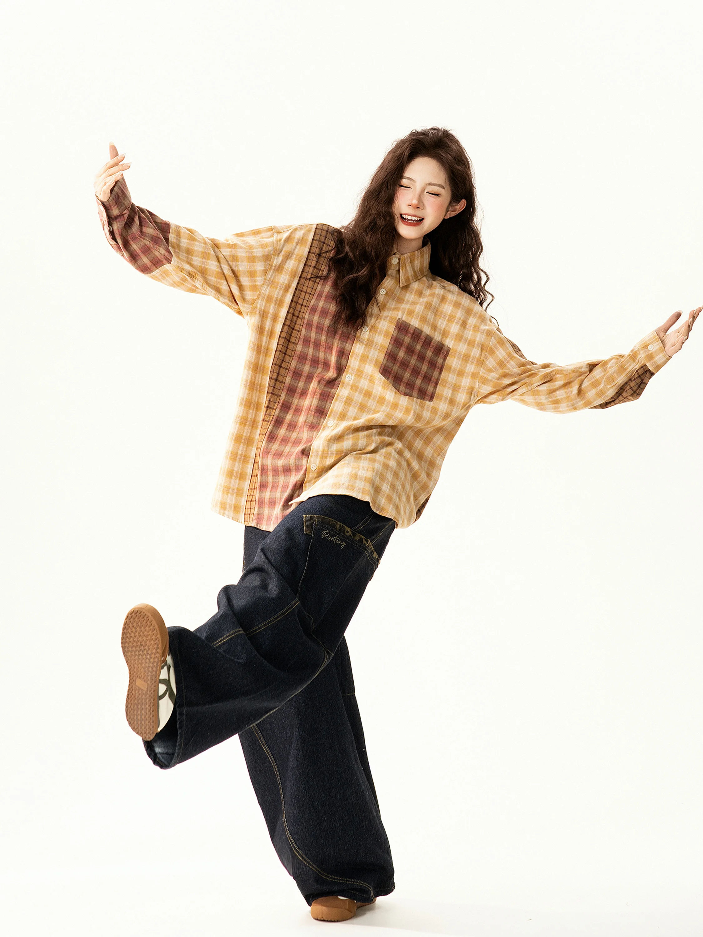 

Retro Plaid Splicing Long Sleeve Casual Shirt Women Loose Fit Street Style Neutral Color Block Checkered Print Versatile Shirt