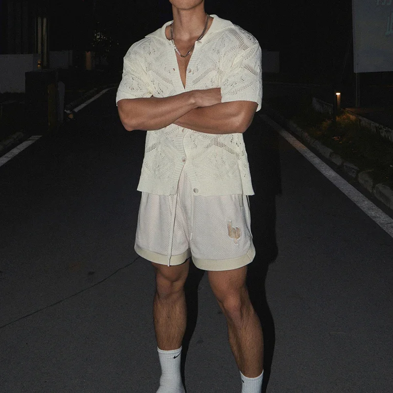 Men's Open Cardigan Short Sleeve Knitted Ice Silk Hollow out Summer T-Shirt Casual Daily Lightweight Breathable Shirts