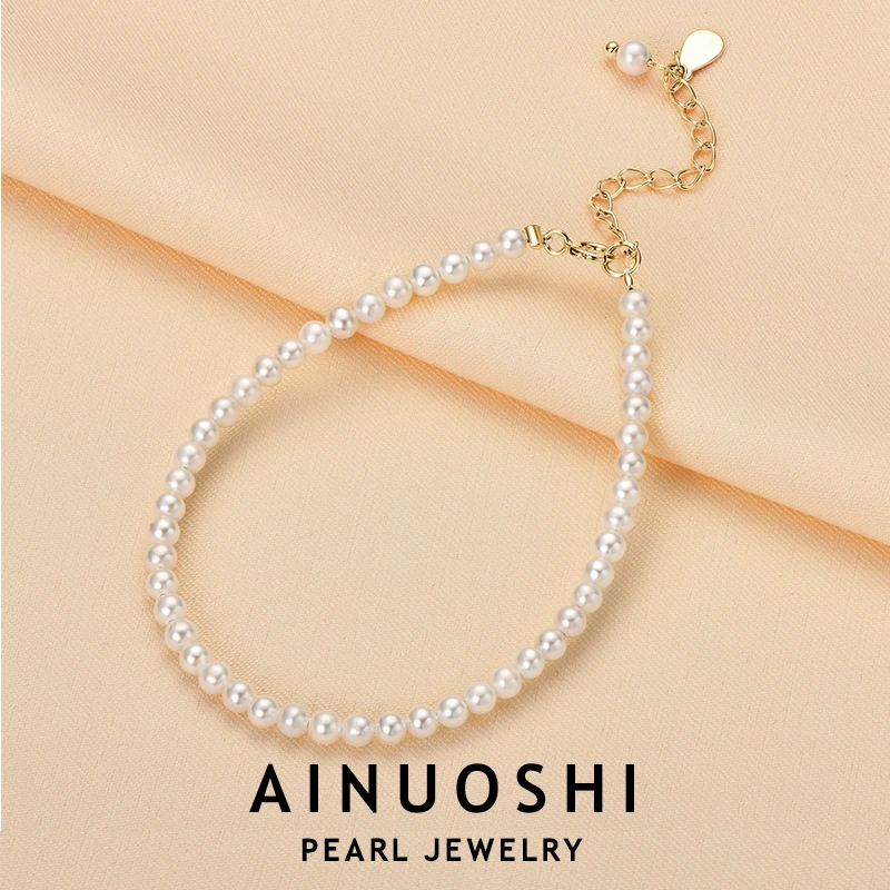 AINUOSHI 3mm 4mm Natural White Freshwater Pearl Bracelet For Women 925 Sterling Silver Full Pearls Bracelet Elegant Jewelry Gift