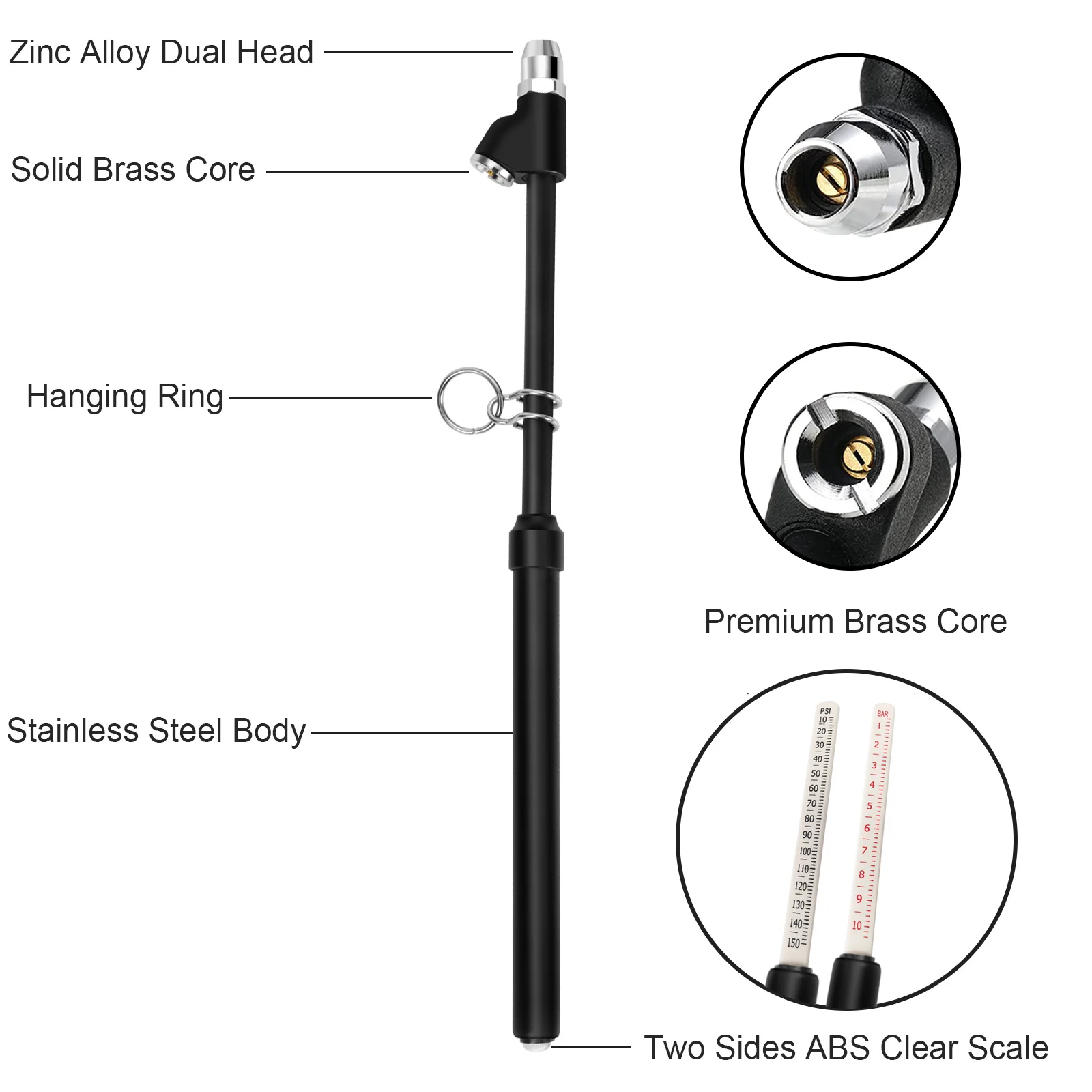 ATsafepro Tire Pressure Gauge Heavy Duty Straight-On Dual Head Air Pressure Gauge Range to 150PSI Suitable for Truck RV Bus