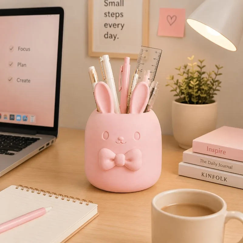 Cute Rabbit Bow Tie Multi‑Purpose Desktop Storage Box for Makeup Brushes Pens Stationery Home Office Decor