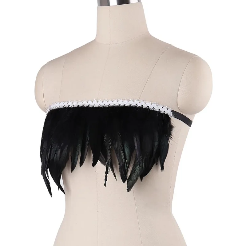 Black Feather Splice Crop Top Halter Tank Top เสื้อผ้าผู้หญิง Tube Top เทศกาล Rave เครื่องแต่งกายฮาโลวีนเครื่องแต่งกายสําหรับสตรี