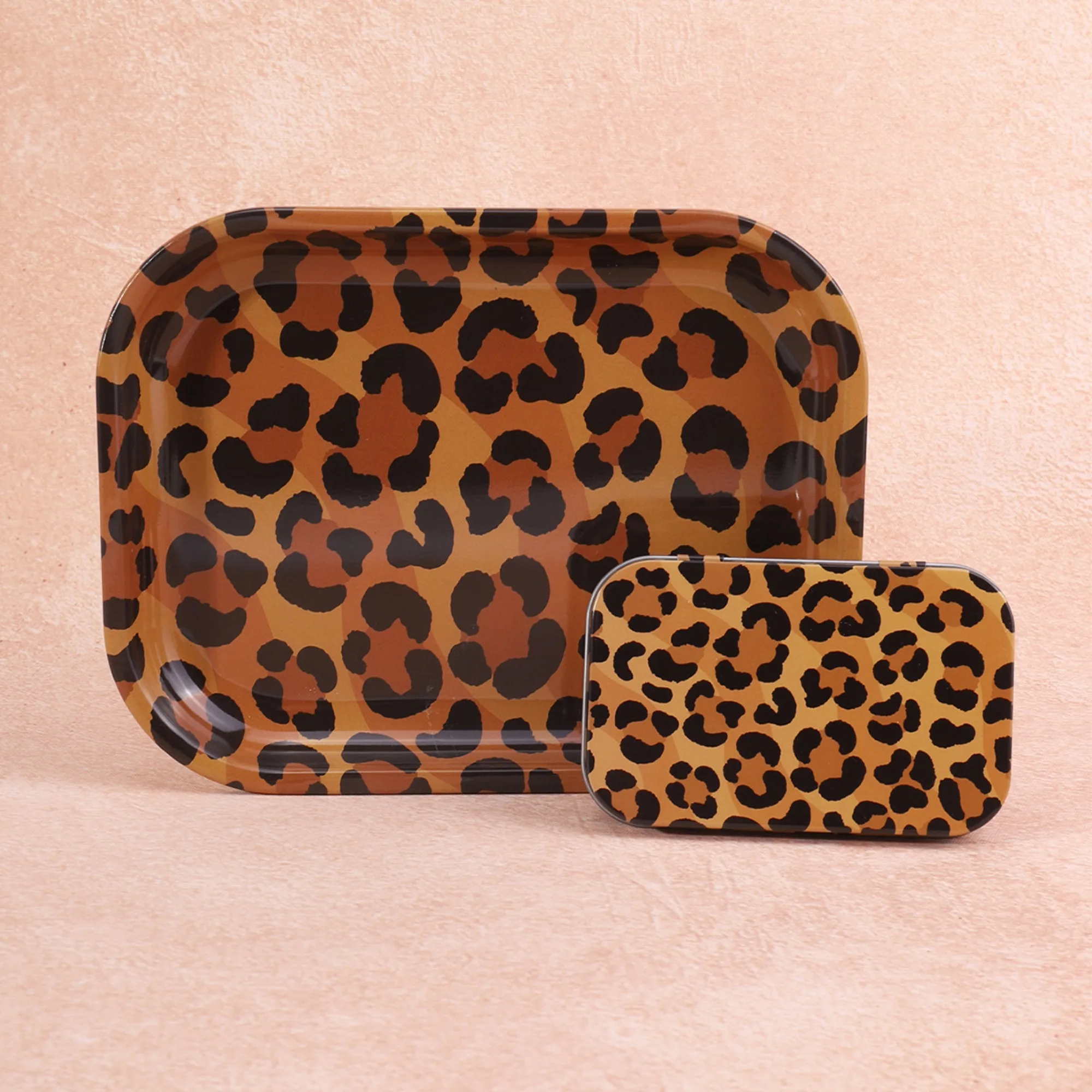 2Pcs Leopard Print Metal Rolling Tray And Tin Box Set Premium Smoking Accessories Kit