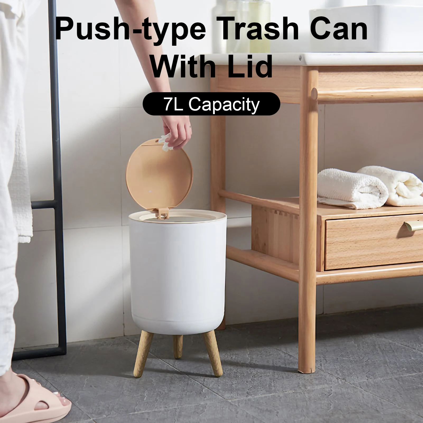 Trash Can with Lid High Foot Press Dustbin Kitchen Garbage Container Toilet Garbage Can Press Cover Wooden Grain Foot Waste Bin