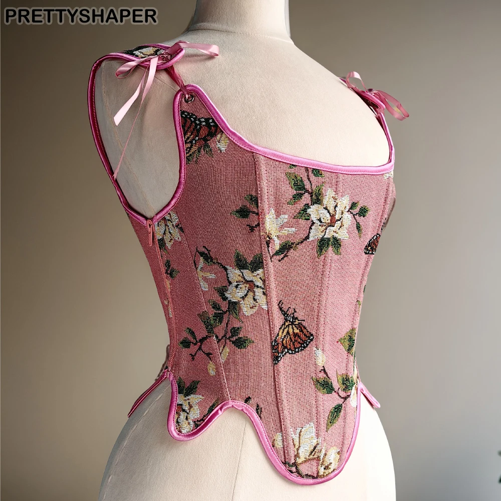 Corsé rosa para mujer, corpiño por encima del busto, cintura delgada, Control de barriga, corpiño Vintage con cordones, Tops moldeadores deshuesados, disfraz de pecho realzador