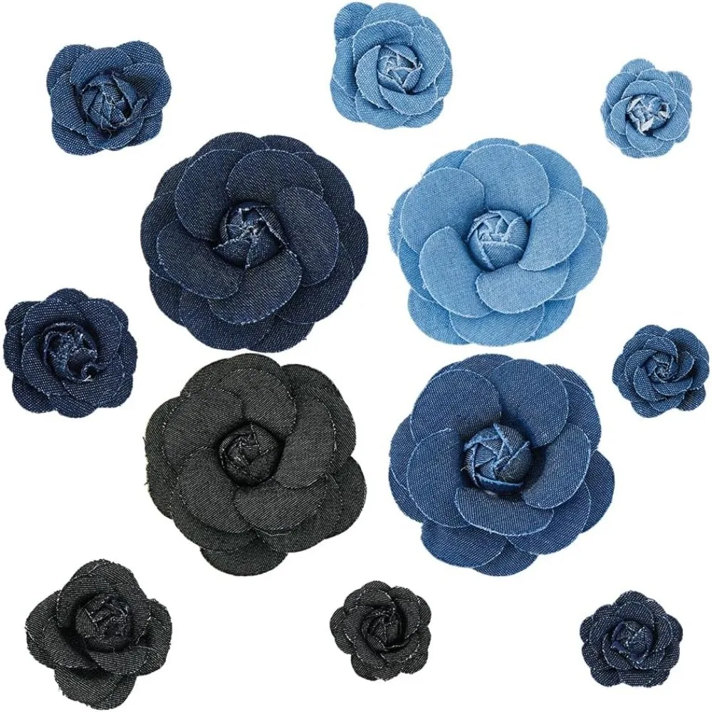 

12Pcs 4 Sizes Denim Flower Blue Flower Embellishment 3D Floral Fabric Camelia Sewing Flowers DIY Craft Supplies for Clothes Hair