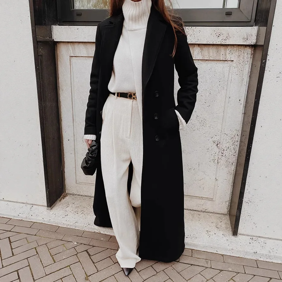 معطف يمزج السترات الصوفية النسائية الصلبة معاطف سترة طول الكاحل ملابس خارجية طويلة الأكمام رفض طوق شارع العليا