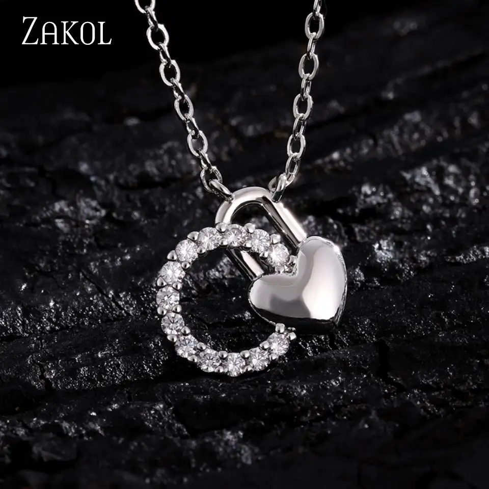 ZAKOL Fashion Creative Love Lock Ring Copper Micro-set Zircon Pendant Necklace For Women Shiny Charm Daily Party Jewelry Gift