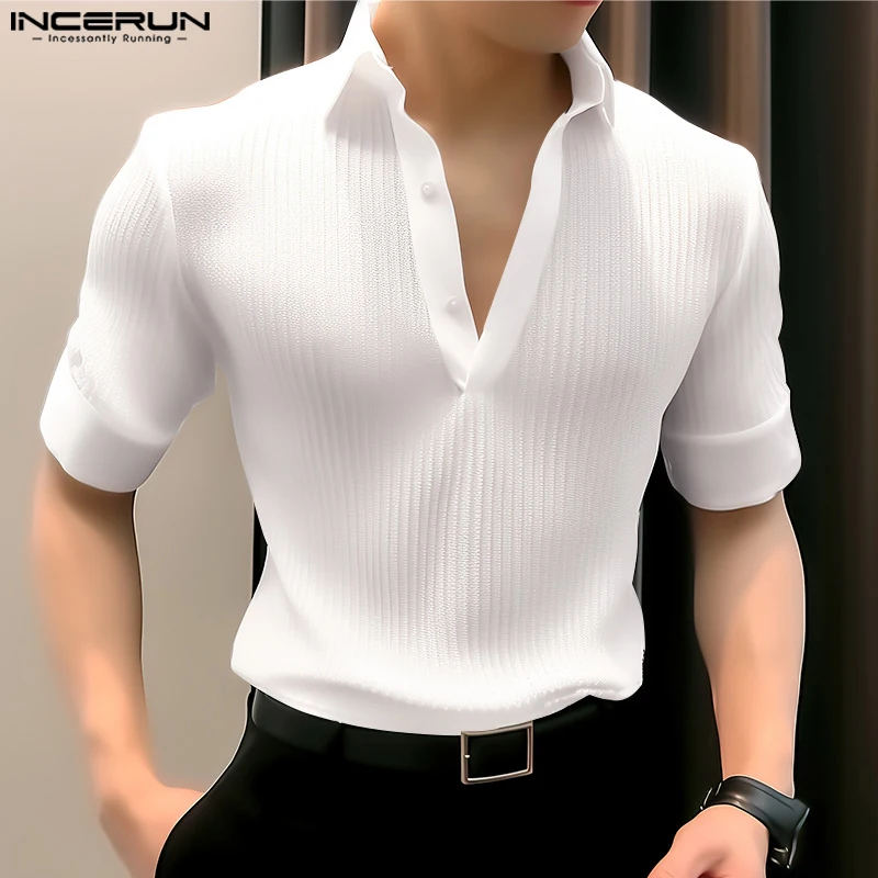 Handsome All-match Tops INCERUN Men\'s Striped V-neck Design Blouse Casual Streetwear Male Solid Short Sleeved Shirts S-5XL 2024