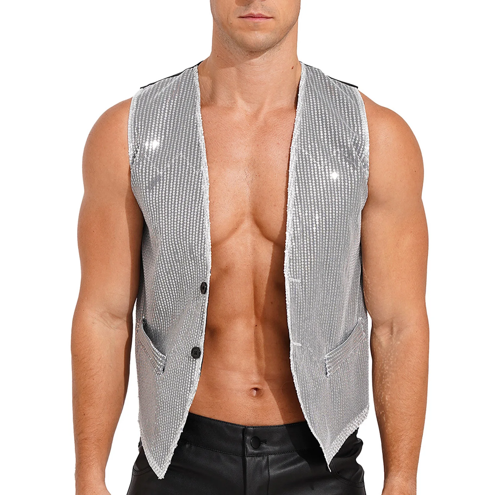 Mens Sleeveless Waistcoat Sequins Vests Sparkling Fashion Jazz Hip-hop Street Dance Costume Party Clubwear Rave Outfits Tank Top
