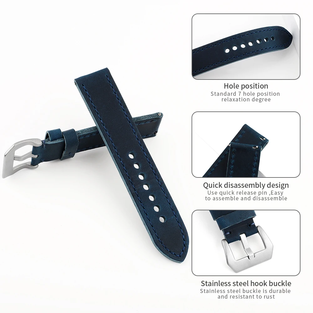 Solid Color Blue Crazy Horse Watch Strap Handmade 22mm Stainless Steel Buckle Replacement Strap For Any Watch