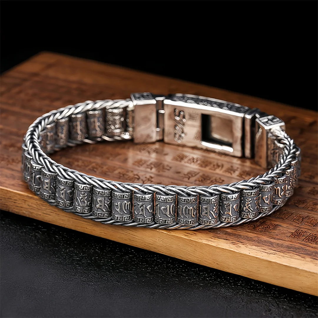 BOCAI New S925 Sterling Silver Charms Bangle for Men Six Character Mantra Prayer Wheel Cross Vajra Bracelets Fine Choice Jewelry