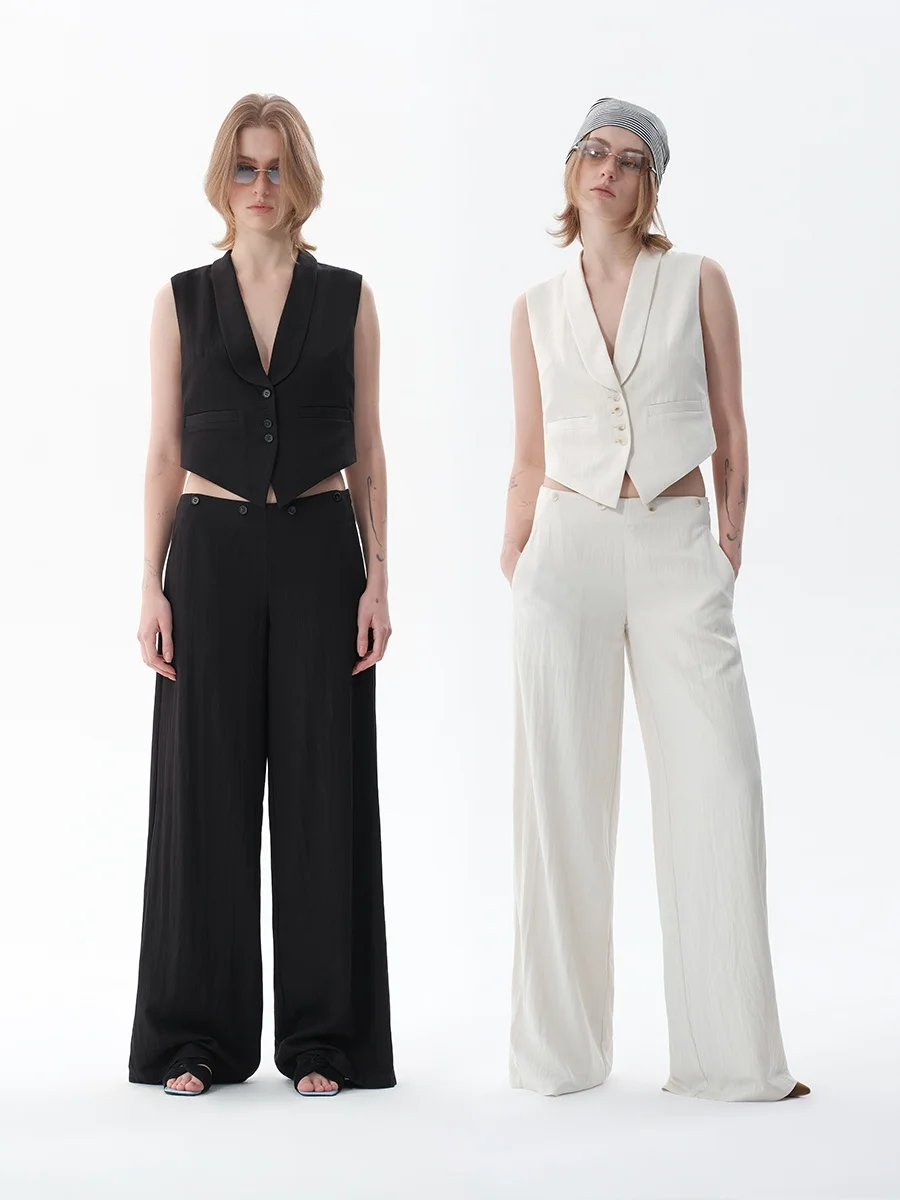 

Randpickee Retro Style Suit Two-Piece Set Low Waist Wide Leg Pants Cotton Blend Casual Trousers for Women Commute Style