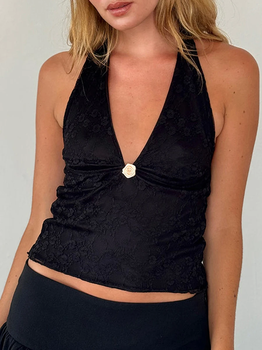 Tank top Halter tanpa lengan wanita, rompi Crop renda bunga 3D leher V dalam, tanpa lengan pas badan untuk pesta klub koktail