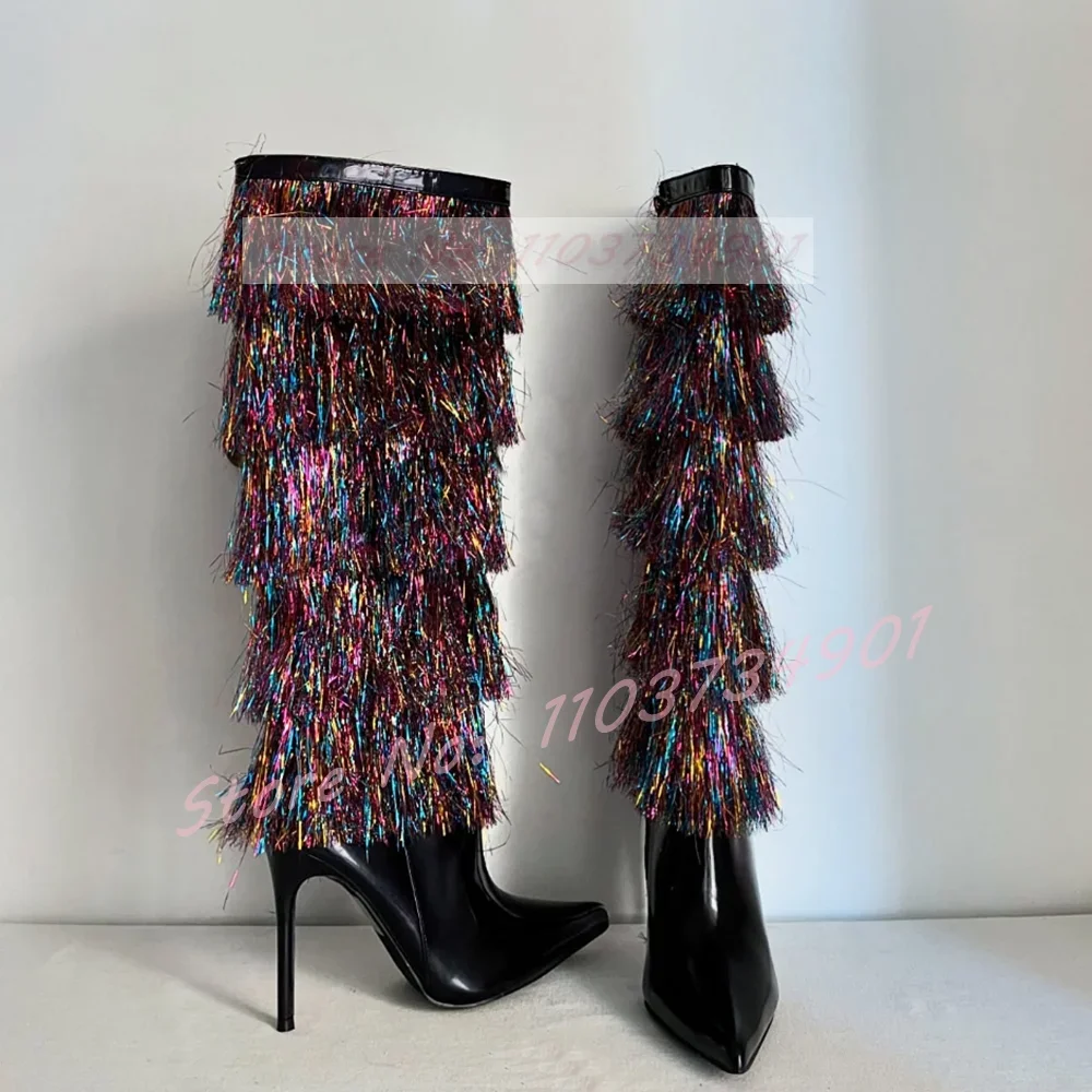 Rainbow Fringe Sparkling Knee High Boots Women Pointed Toe Zipper Stiletto Boots Halloween Festive Colorful Tassel High Heels