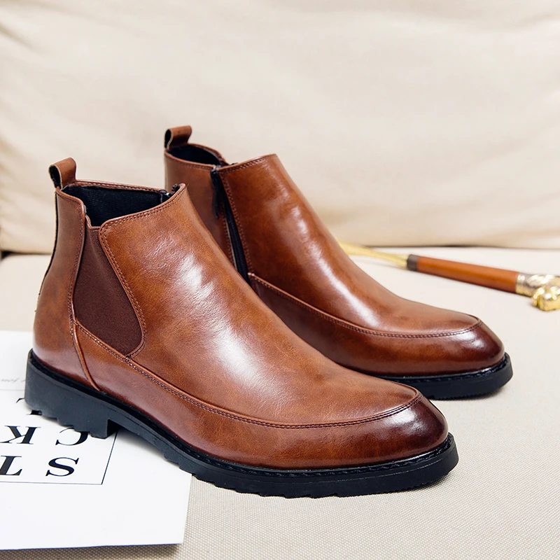 

New Men Business Ankle Shoes for Autumn Winter Black Brown Side Zipper Casual Breathable High-quality Ankle Boots Social Boots