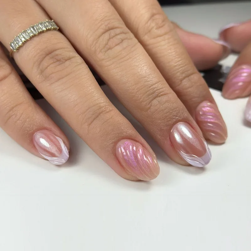 

24Pcs Short Round Head False Nails 3D Wave Stripes Design Press on Nails French Shiny Powder Reusable Full Cover Fake Nails Tips