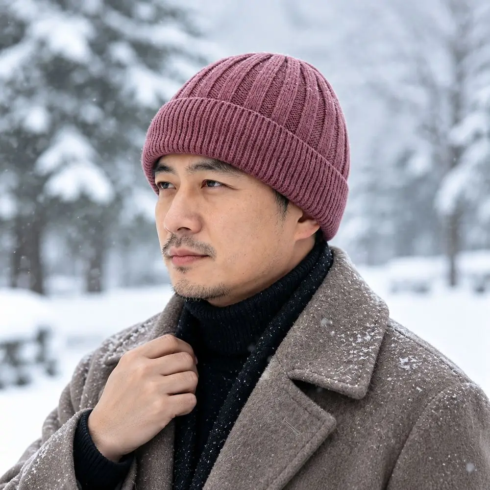 Ribbed Knit Knitted Beanie Hat Thick Warm Elastic Cuff Fleece Lined Beanie Solid Ear Protection Winter Knit Hat Men Women