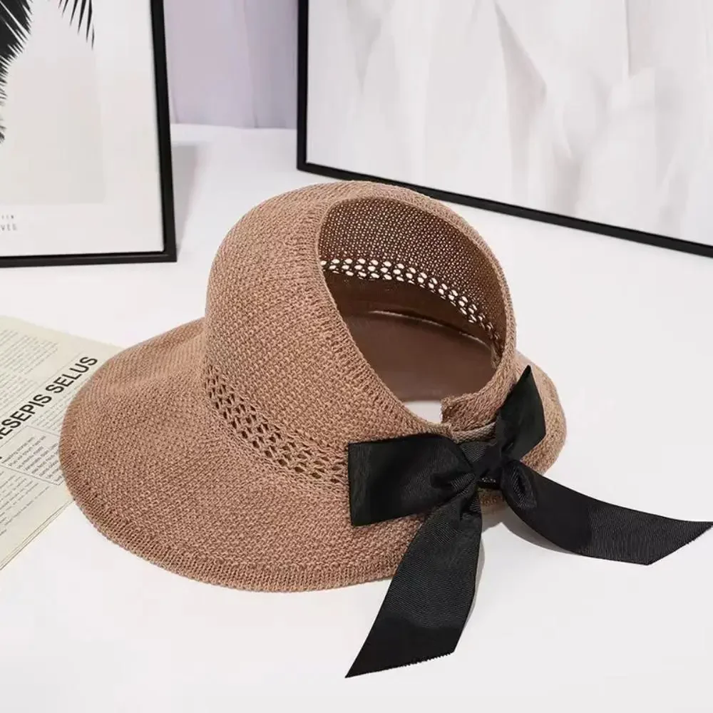 

Fashion Hollow Bow Sun Hat Summer Supply Wide Brim Women Ponytail Beach Cap UV Protection Crochet Women's Hat Caps