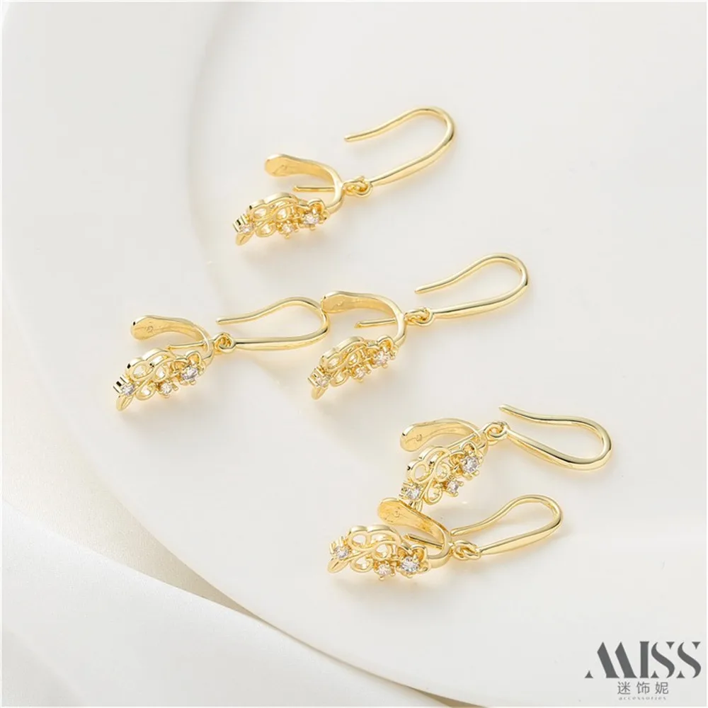 

18K Gold-plated Leaf Hollow Inlaid Zircon Ear Hook DIY Earrings Accessories Materials Handmade Jewelry