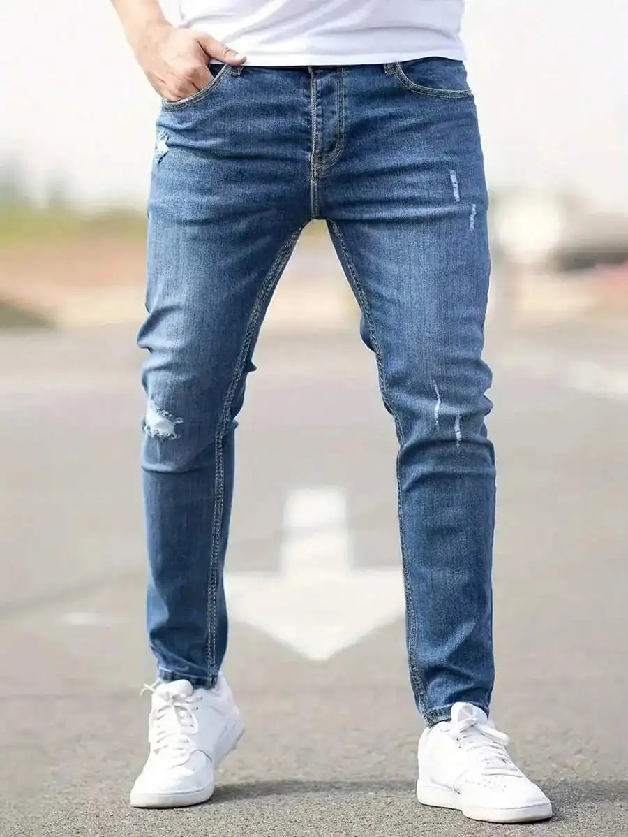 

Men's Slim Fit Distressed Stretch Denim Jeans with Ripped Details