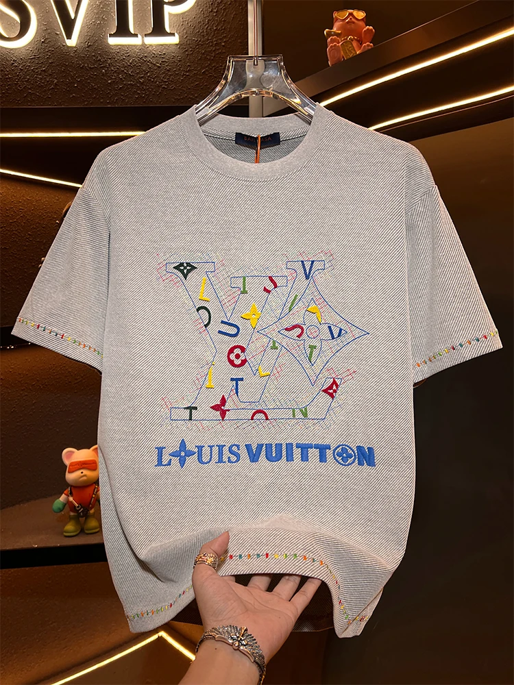 

Мужская свободная футболка с коротким рукавом, вышивкой, повседневная, дышащая, из смесового хлопка и полиэстера, с круглым вырезом, стандартной длины