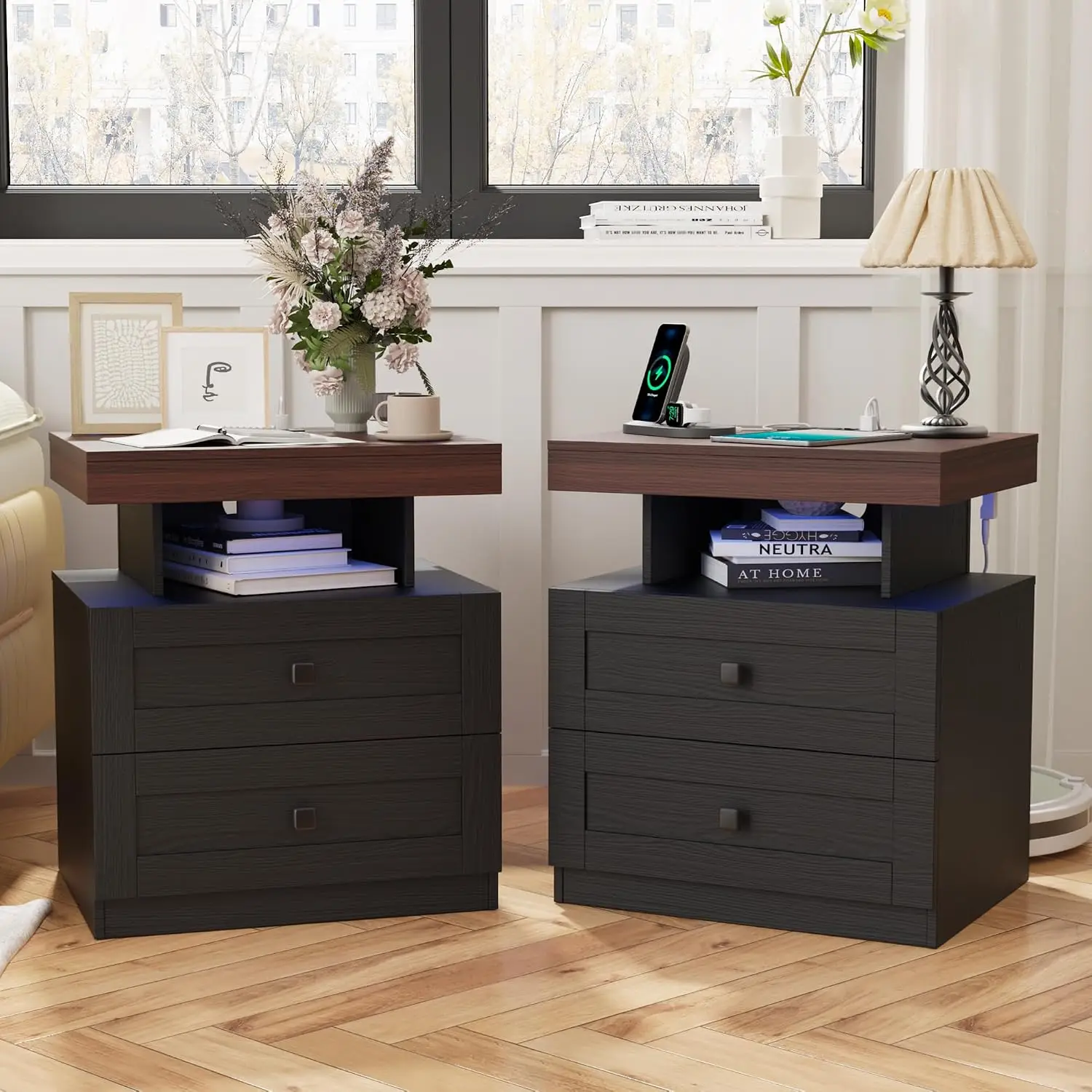 Farmhouse LED Nightstand Set 2 Wood Side Table Charging Station Rustic End Table Drawers Bedroom Black, Customized