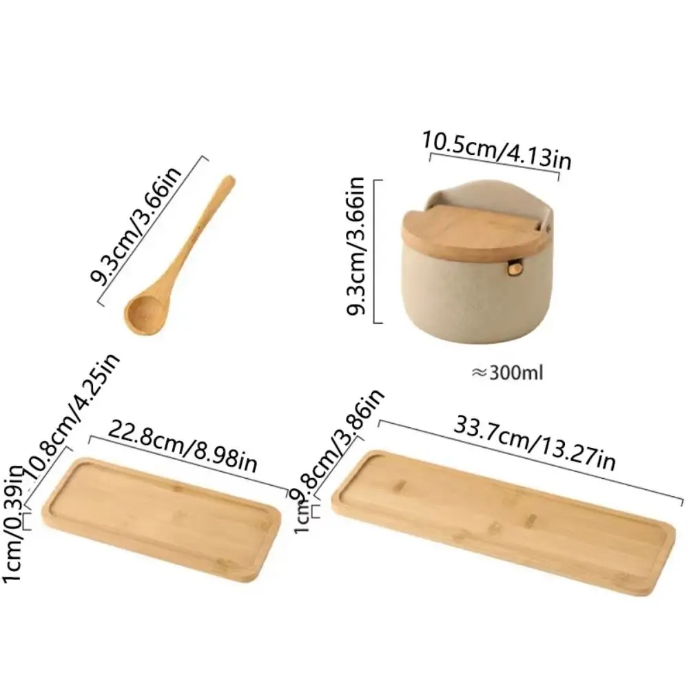 Bamboo Lid Ceramic Seasoning Jar Set Wooden Tray Serving Spoon Kitchen Condiment Container Dust-proof Moisture-proof