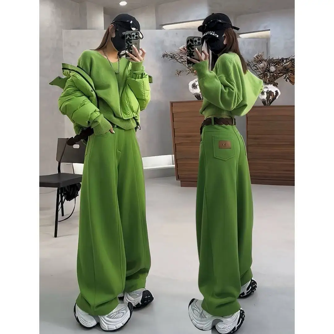 

Молодёжный комплект, женский осенне-зимний новый модный комплект из свитера с эффектом «допамина» и теплых флисовых повседневных брюк, комплект из двух предметов