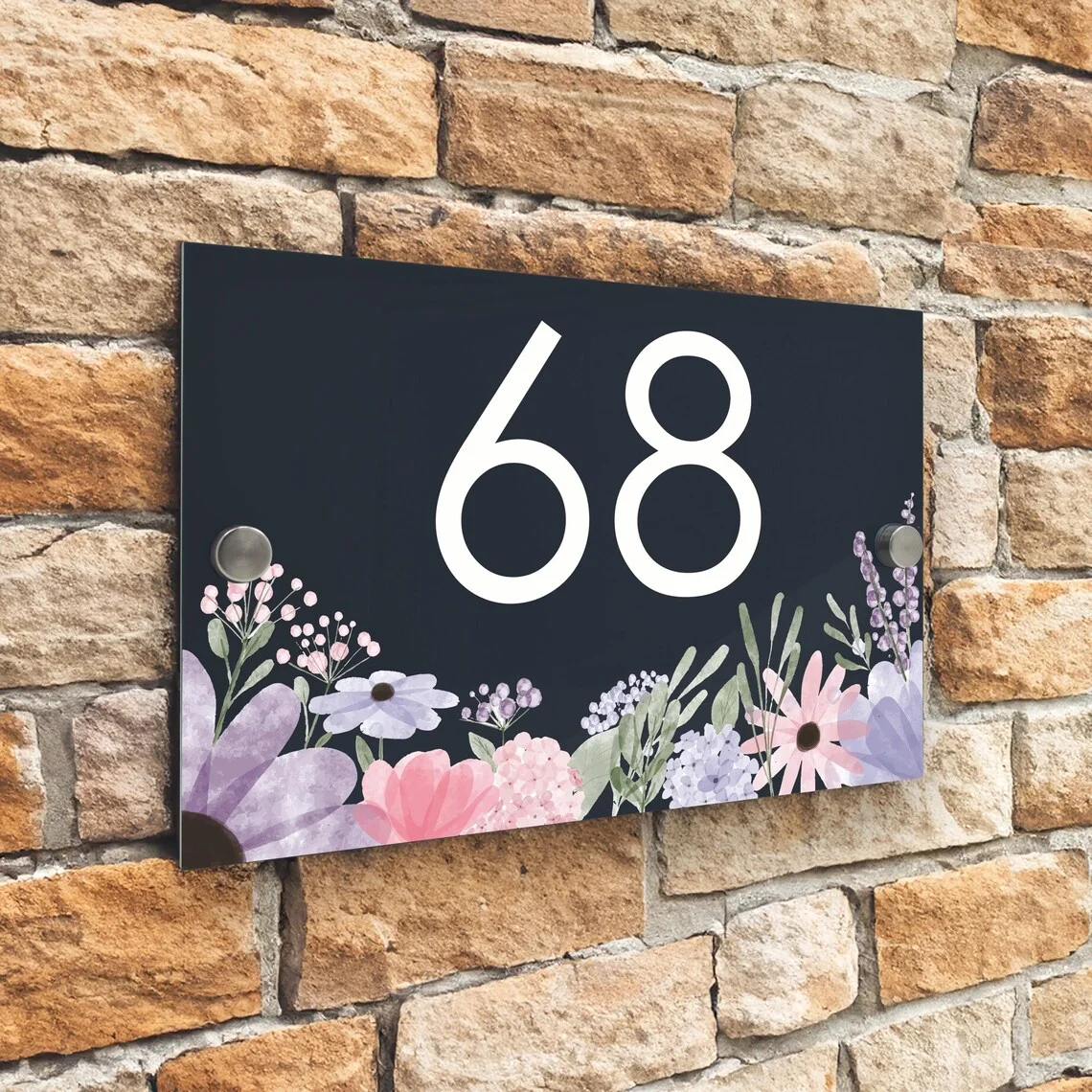 

Modern House Number Plaque Pastel Flowers Bottom Design Personalized House Street Plaque Gift