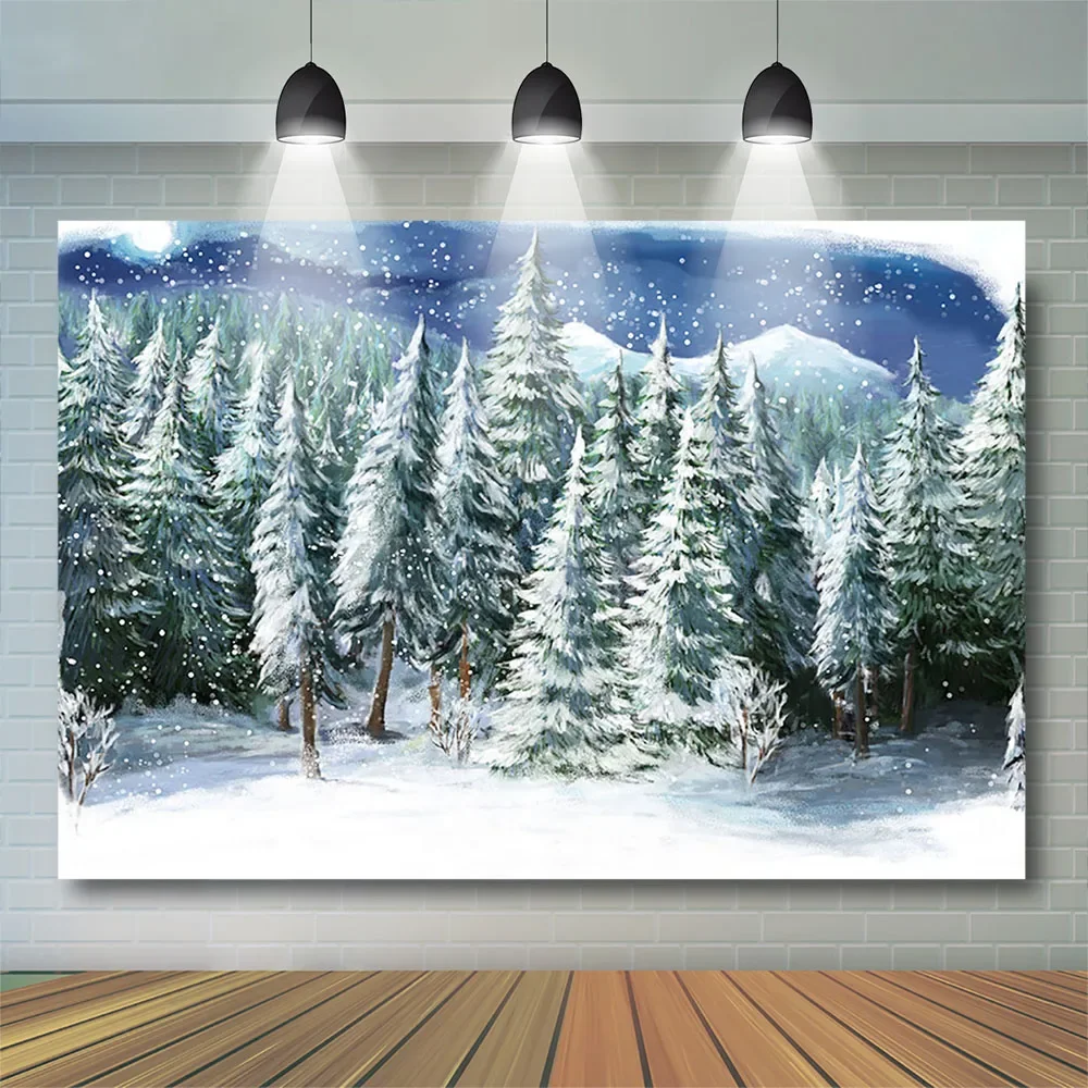 Fondo de bosque de invierno retrato de bebé para niños escena nevada de invierno pintura de montaña telón de fondo de Navidad sesión fotográfica estudio fotográfico infantil