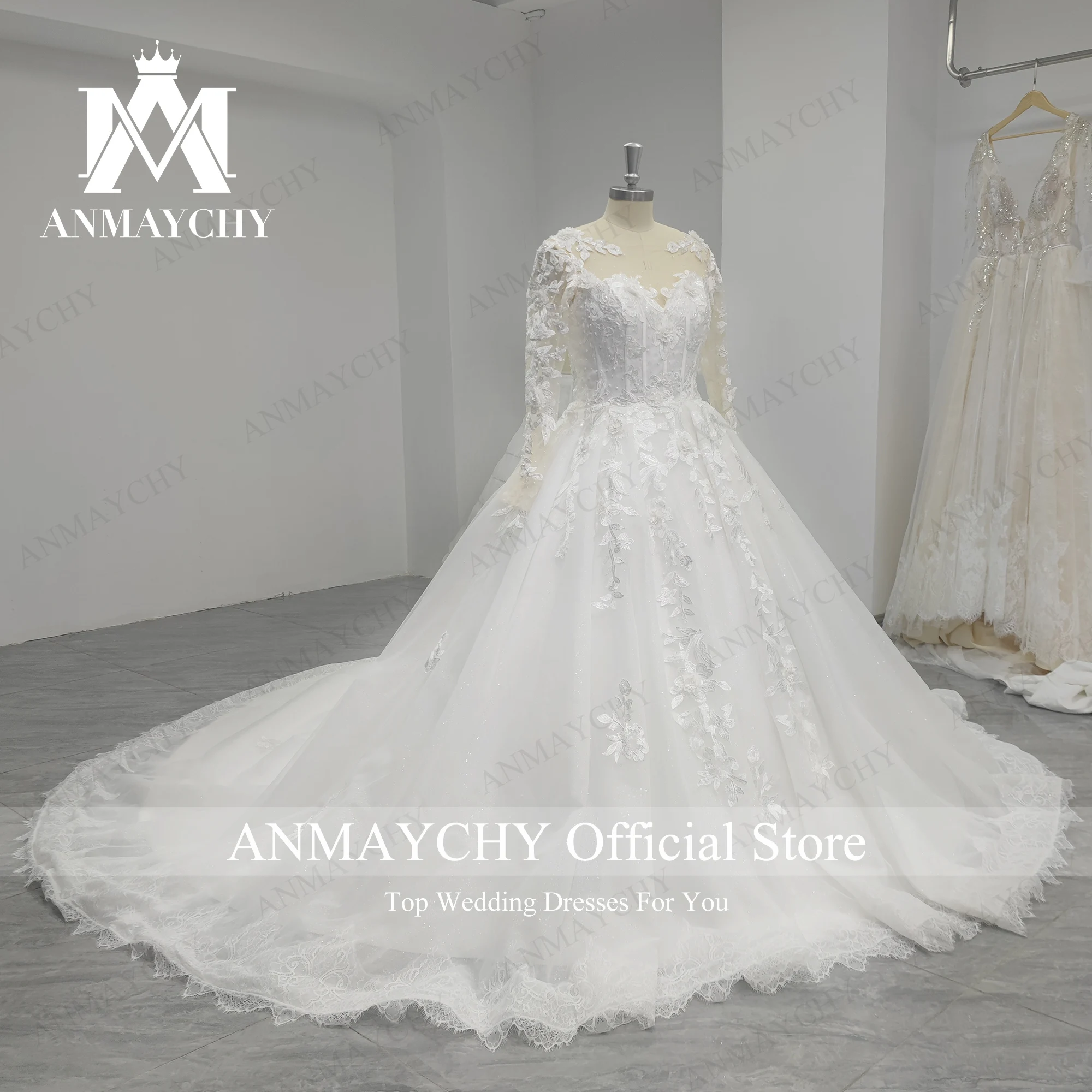 ANMAYCHY Ballkleid Luxus Brautkleider Für Frauen 2022 Perlen Blumen Spitze SCOOP Langarm Brautkleid Vestidos De Novia