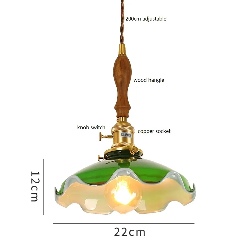 IWHD Wood Hangle Copper Hanging Lamp Green Glass Lampshade America Vintage Style LED Pendant Light Fixtures Home Decor Edison