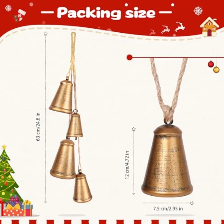 الصدأ الذهب أجراس البقرة مجموعة من 4 ريفي كبير عيد الميلاد أجراس البقر ديكور للمنزل مقبض الباب شجرة عيد الميلاد جارلاند إكليل الدرج X