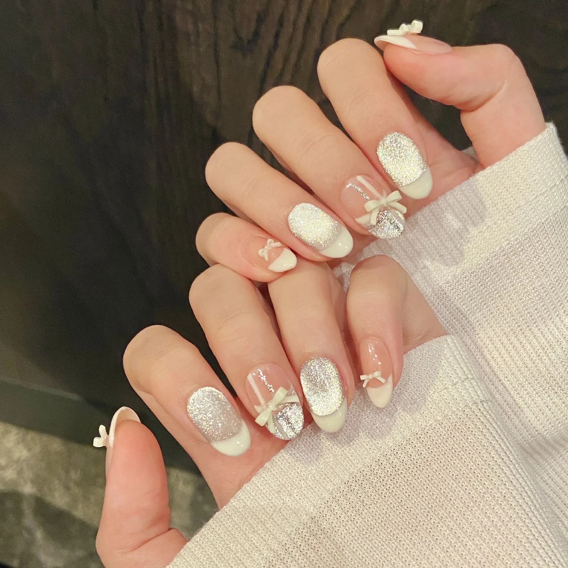 10 قطعة الوردي اليدوية رسومات أظافر صناعية عين القط الفرنسية قصيرة البيضاوي وهمية مسمار نصائح القوس الكرز تصميم اضغط على الأظافر مجموعات قابلة لإعادة الاستخدام #4