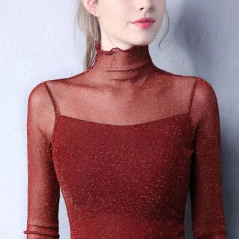 ฤดูใบไม้ผลิฤดูใบไม้ร่วงใหม่สีทึบครึ่งคอยาวแขนยาวเสื้อยืดผู้หญิง High Street Sheer Pullovers Elegant All-match เซ็กซี่ Top