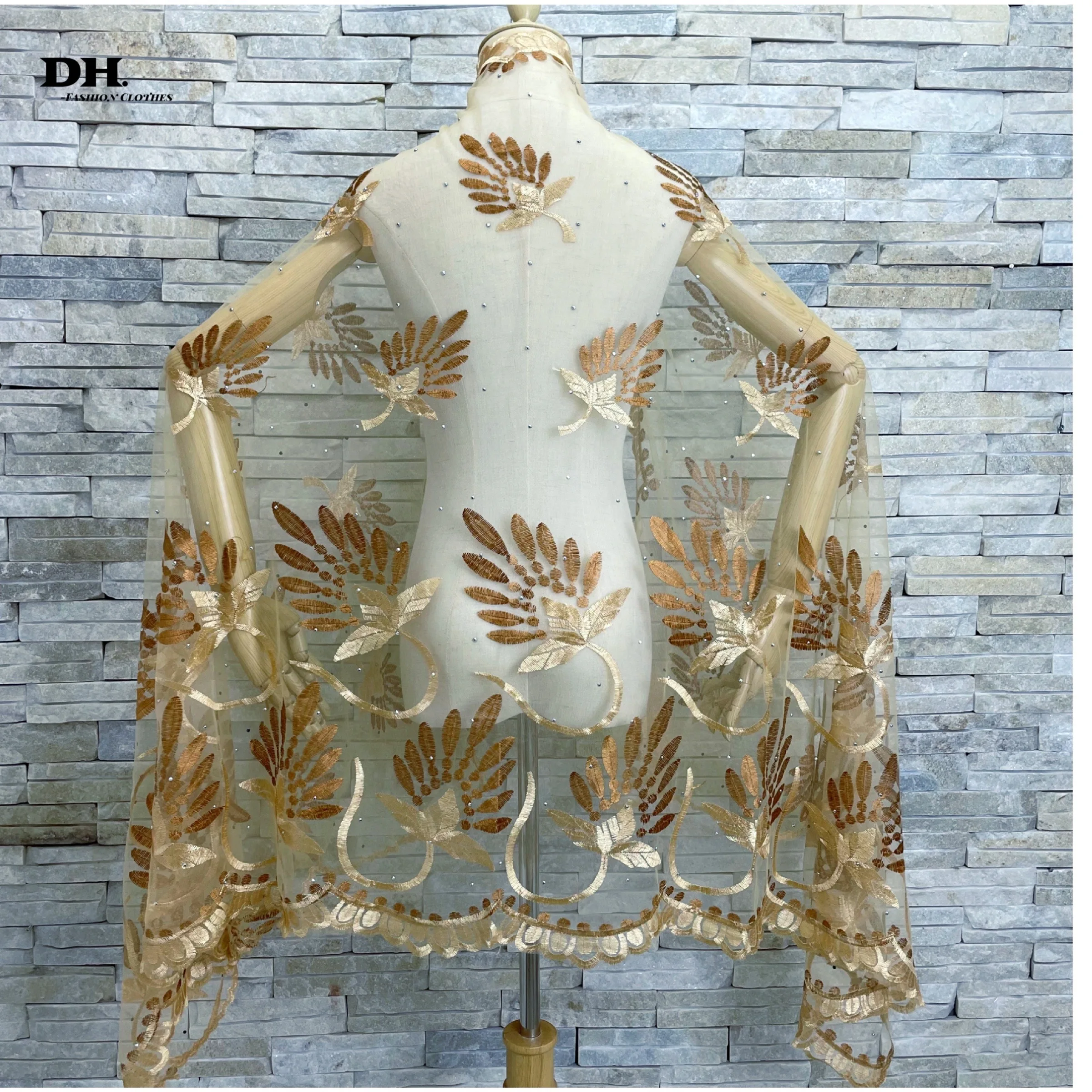 

2022Fashion Hot Sale African Women Scarfs Leaves Pattern Design Embrodiery Net With Diamonds Big Scarf For Shawls Pashmina